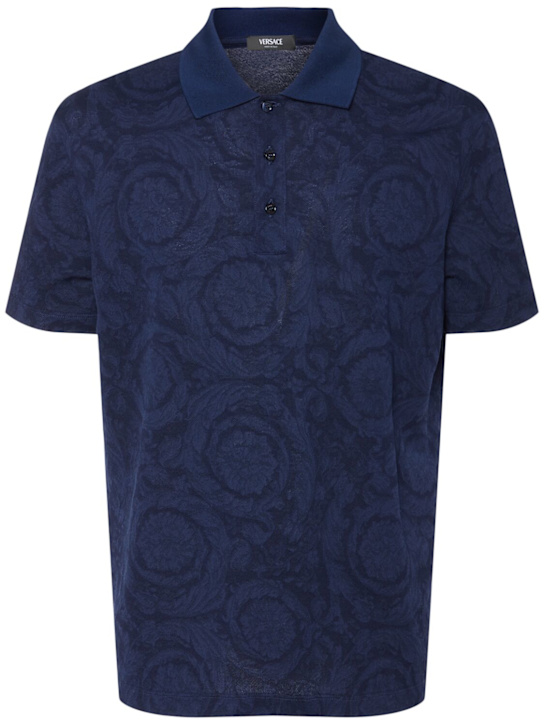 Versace: Barocco jacquard cotton piquet polo - Navy - men_0 | Luisa Via Roma