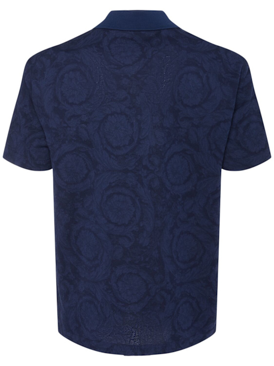 Versace: Barocco jacquard cotton piquet polo - Navy - men_3 | Luisa Via Roma