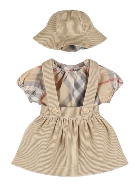 Burberry: Salopette, tutina e cappellino in cotone check - kids-girls_0 | Luisa Via Roma