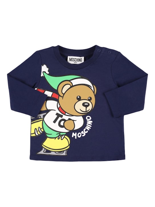 Moschino: Printed cotton jersey longsleeve t-shirt - Dark Blue - kids-boys_0 | Luisa Via Roma
