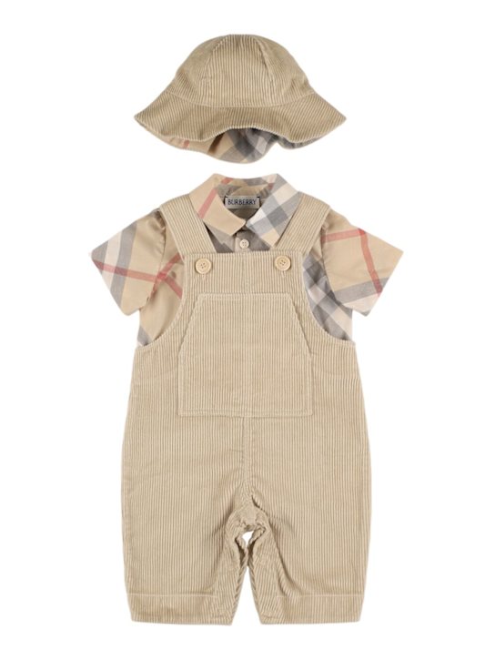 Burberry: Salopette, camicia e cappellino in cotone - kids-girls_0 | Luisa Via Roma