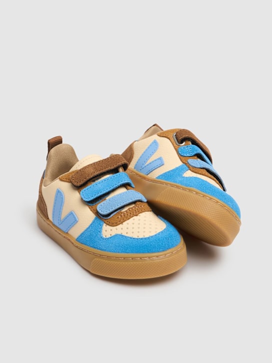 Veja: V10 chrome-free leather sneakers - Beige/Blue - kids-boys_1 | Luisa Via Roma