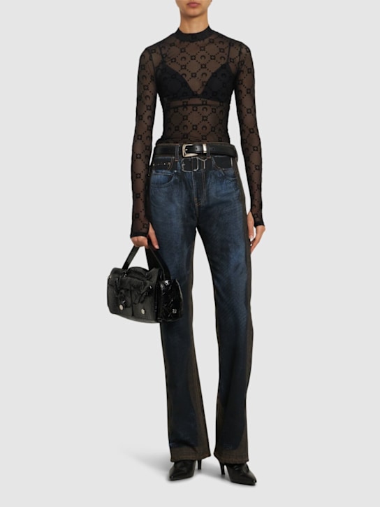 Marine Serre: Moonogram flocked mesh t-neck top - women_1 | Luisa Via Roma