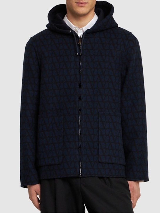 Valentino: Toile Iconographe wool caban coat - Navy - men_3 | Luisa Via Roma