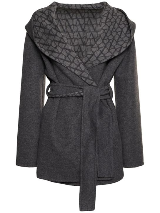 Valentino: Iconographe wool blend short coat w/belt - Grey/Multi - women_0 | Luisa Via Roma