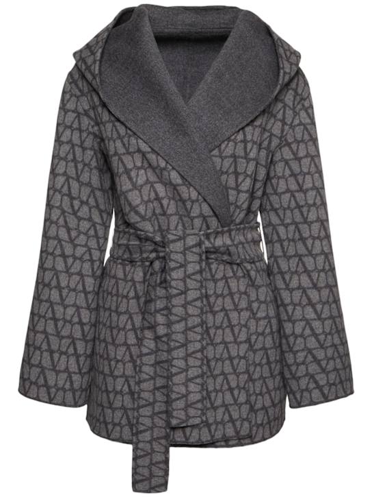 Valentino: Iconographe wool blend short coat w/belt - Grey/Multi - women_6 | Luisa Via Roma