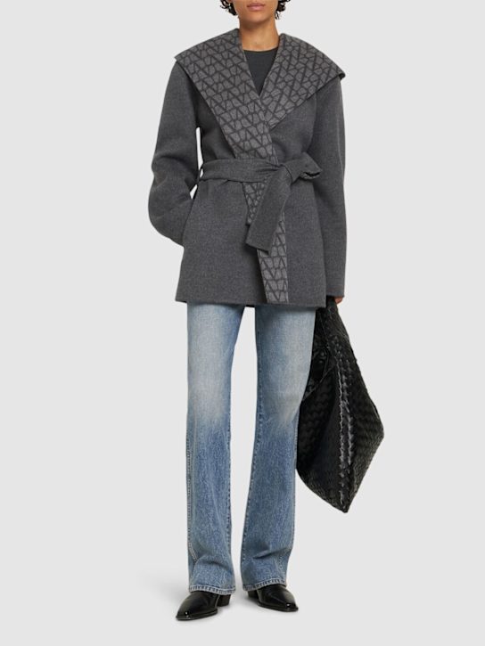 Valentino: Iconographe wool blend short coat w/belt - Grey/Multi - women_1 | Luisa Via Roma
