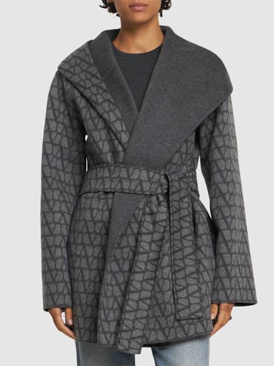 Valentino: Iconographe wool blend short coat w/belt - Grey/Multi - women_2 | Luisa Via Roma