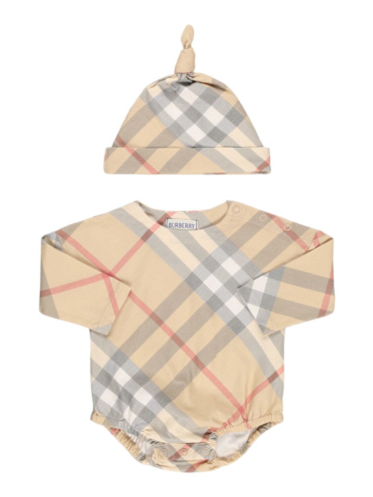Burberry: Check print cotton romper - Beige - kids-boys_0 | Luisa Via Roma