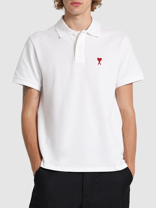 AMI Paris: Logo organic cotton piqué polo - White - men_2 | Luisa Via Roma