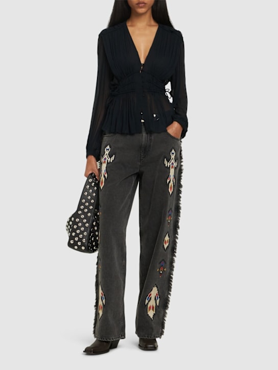 Marant Etoile: Jeans a gamba larga Maella in denim ricamato - Grigio Scuro - women_1 | Luisa Via Roma