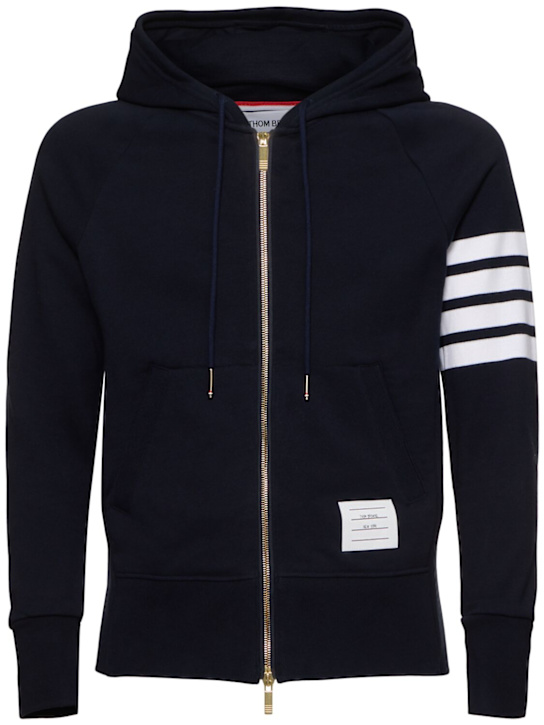 Thom Browne: Zip-up stripes cotton sweatshirt hoodie - men_0 | Luisa Via Roma
