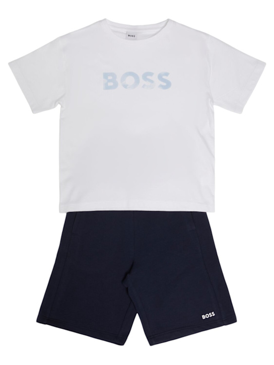Boss: コットンTシャツ＆ショートパンツ - ホワイト/ブルー - kids-boys_0 | Luisa Via Roma
