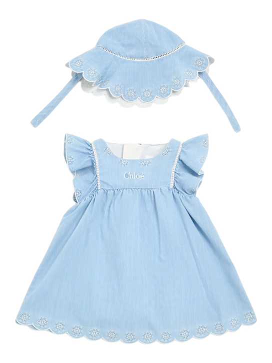 Chloé: Cotton chambray dress & hat - kids-girls_0 | Luisa Via Roma