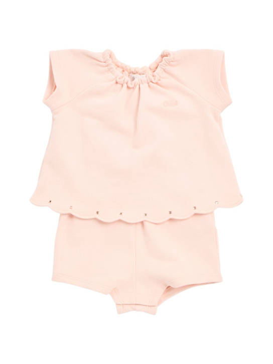 Chloé: Cotton French terry jumpsuit - Pink - kids-girls_0 | Luisa Via Roma