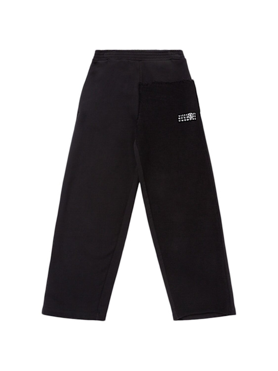 MM6 Maison Margiela: 印花棉质双材料运动裤 - 黑色 - kids-boys_0 | Luisa Via Roma