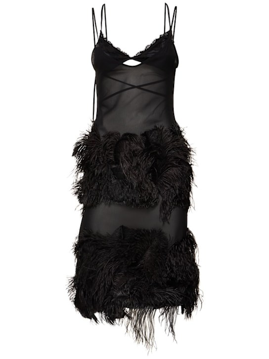 Embroidered georgette dress w/feathers - Thumbnail 1