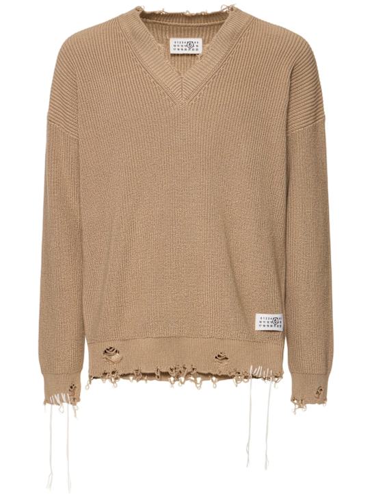 MM6 Maison Margiela: Distressed cotton V-neck sweater - men_0 | Luisa Via Roma