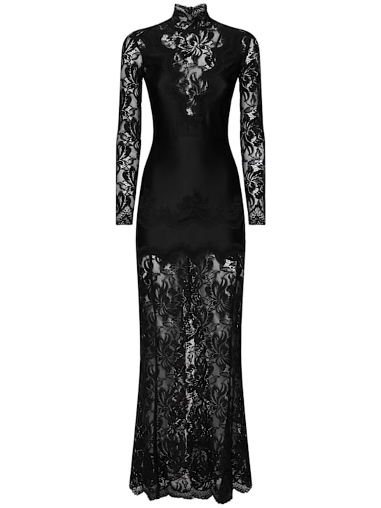 Rabanne: Turtleneck lace long dress - Black - women_0 | Luisa Via Roma