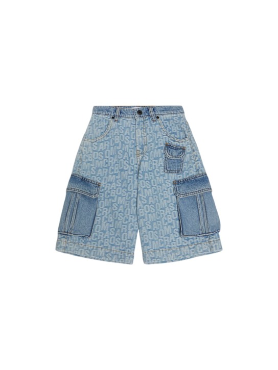 Marc Jacobs: All over logo cotton denim shorts - Light Blue - kids-boys_0 | Luisa Via Roma