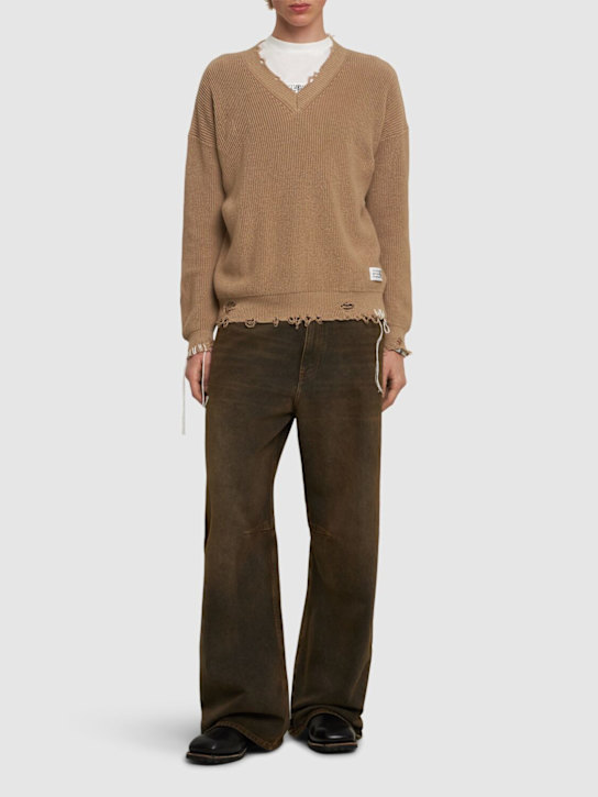 MM6 Maison Margiela: Distressed cotton V-neck sweater - men_1 | Luisa Via Roma