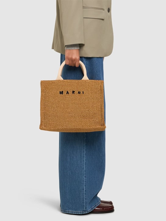 Marni: Small logo raffia effect tote bag - Raw Sienna - women_1 | Luisa Via Roma