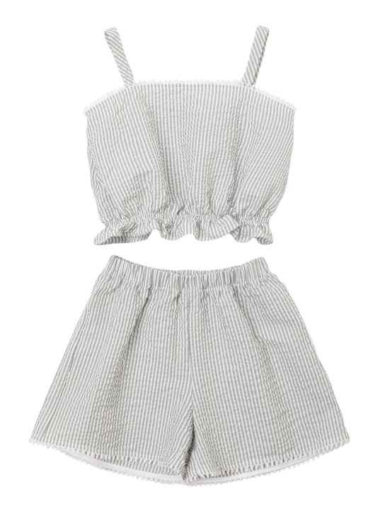 Il Gufo: Top e shorts in cotone seersucker a righe - Bianco/Grigio - kids-girls_0 | Luisa Via Roma