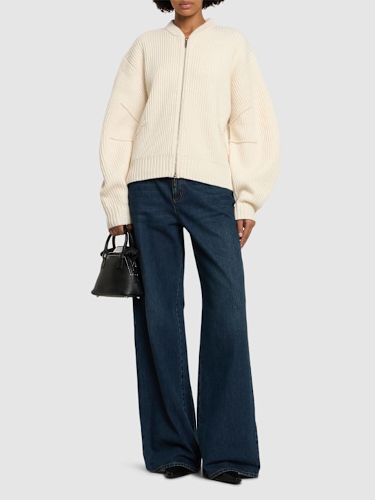 Helmut Lang: 拉链开合罗纹针织羊毛混纺毛衣 - 象牙色 - women_1 | Luisa Via Roma