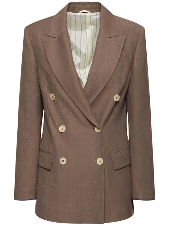 Brunello Cucinelli: 斜纹双排扣西服夹克 - 棕色 - women_0 | Luisa Via Roma