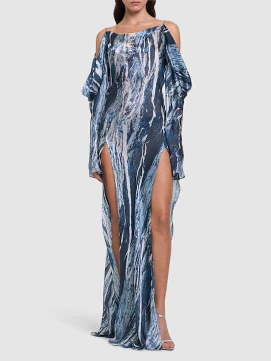 Silk satin chiffon off-shoulder dress - Thumbnail 2