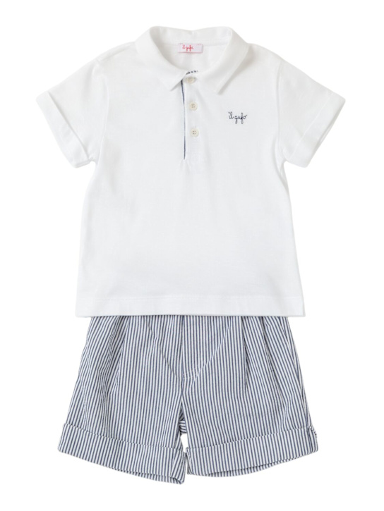 Il Gufo: Cotton stretch polo shirt & shorts - White/Blue - kids-boys_0 | Luisa Via Roma