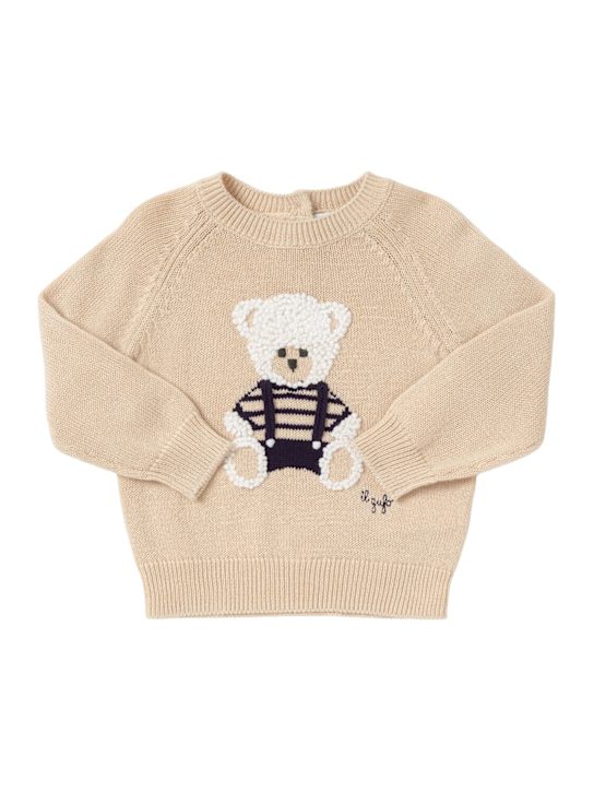 Il Gufo: Cotton knit sweater - Beige/Blue - kids-girls_0 | Luisa Via Roma