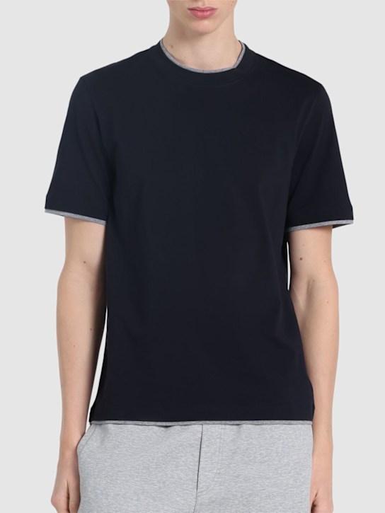 Brunello Cucinelli: Layered cotton jersey solid t-shirt - Navy - men_2 | Luisa Via Roma