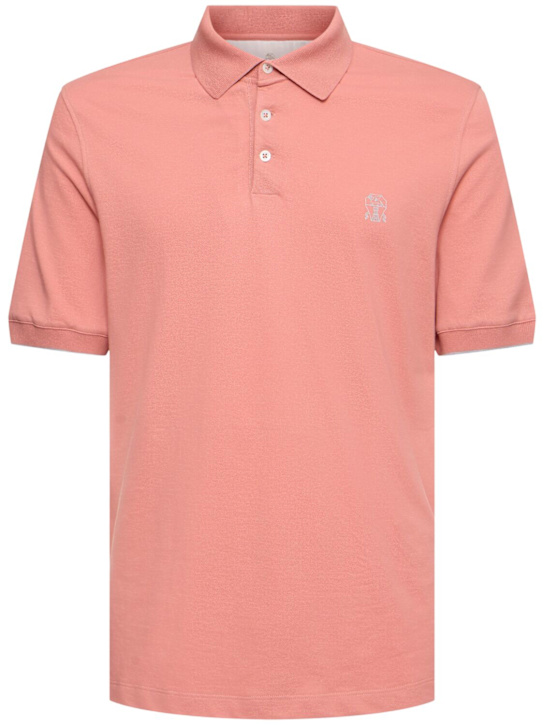 Brunello Cucinelli: Cotton piquet logo polo - Pompelmogrigio - men_0 | Luisa Via Roma