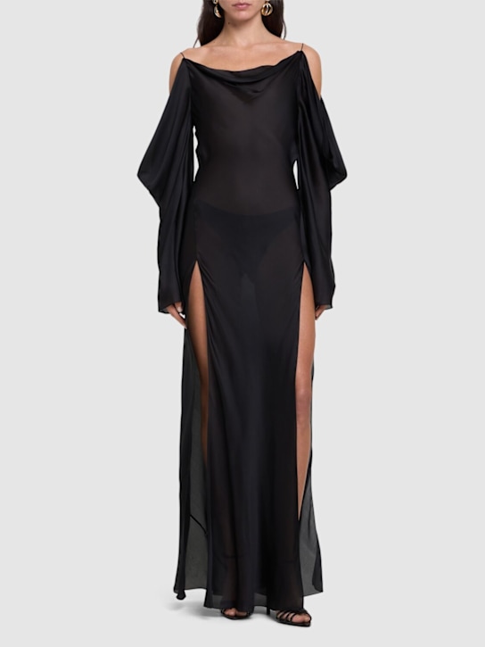 Silk satin chiffon off-shoulder dress - Thumbnail 2