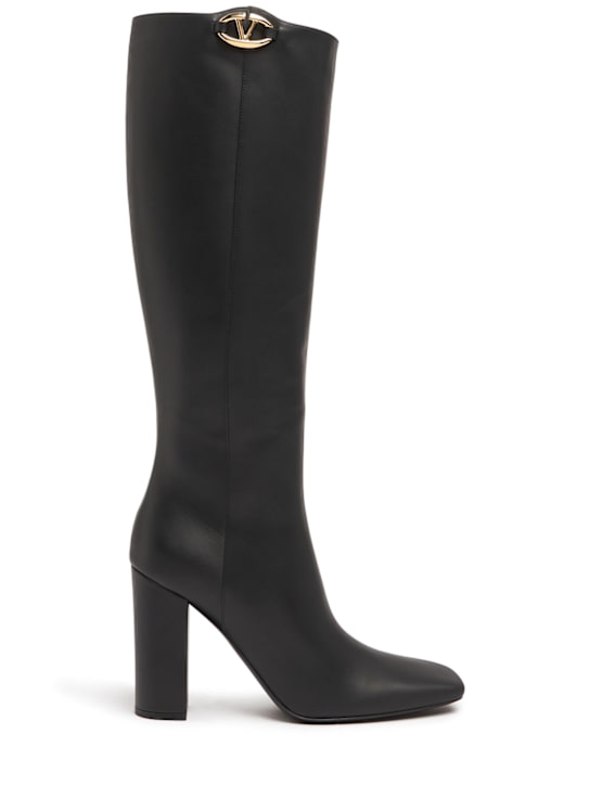 Valentino Garavani: 100mm Vlogo leather tall boots - women_0 | Luisa Via Roma
