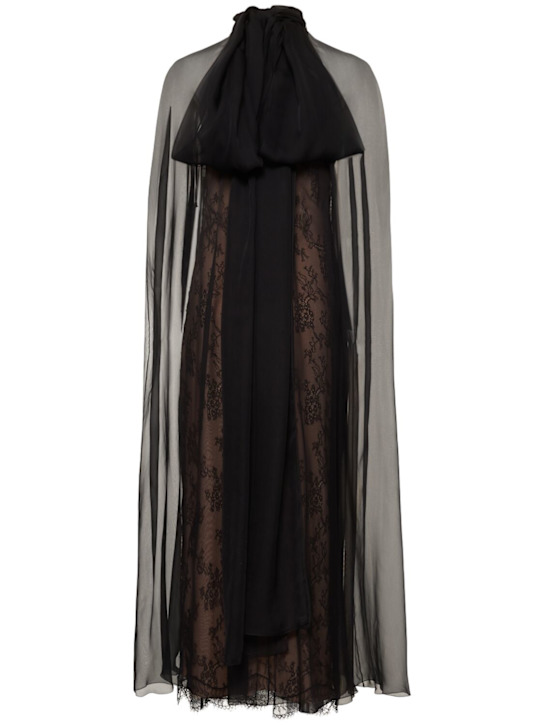Valentino: Midikleid aus Seidenchiffon und Spitze - Schwarz - women_3 | Luisa Via Roma