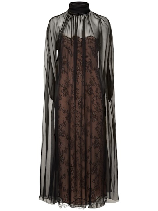 Valentino: Midikleid aus Seidenchiffon und Spitze - Schwarz - women_0 | Luisa Via Roma