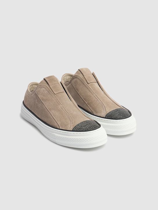 Brunello Cucinelli: 20mm Suede low top sneakers - Taupe - women_2 | Luisa Via Roma