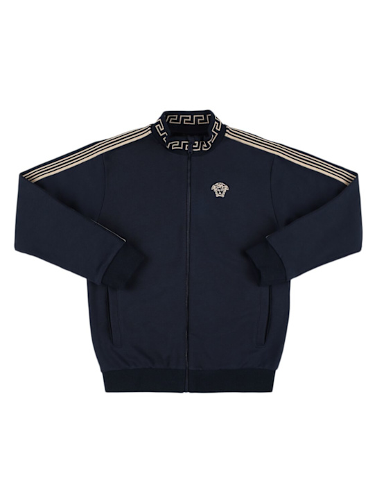 Versace: Embroidered cotton zipped sweatshirt - Navy - kids-boys_0 | Luisa Via Roma