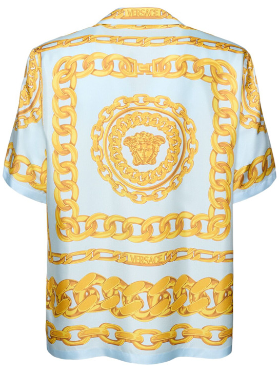 Versace: Medusa chain print silk shirt - Pastel Blue/Gol - men_3 | Luisa Via Roma