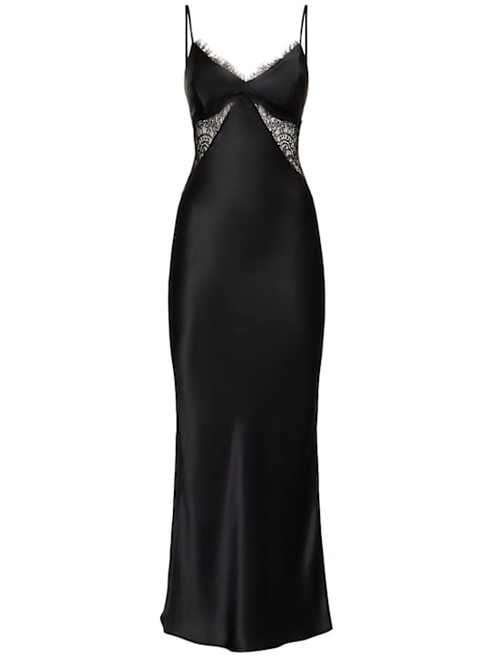 Fleur Du Mal: Silk & lace plunge neck slip dress - Black - women_0 | Luisa Via Roma