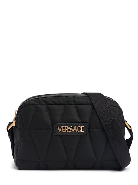 Versace: Borsa in nylon con logo - Nero - men_0 | Luisa Via Roma