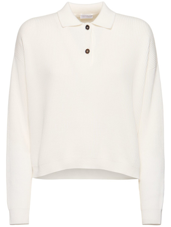 Brunello Cucinelli: 罗纹棉质针织POLO衫 - 象牙色 - women_0 | Luisa Via Roma