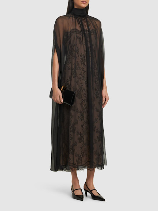 Valentino: Midikleid aus Seidenchiffon und Spitze - Schwarz - women_1 | Luisa Via Roma