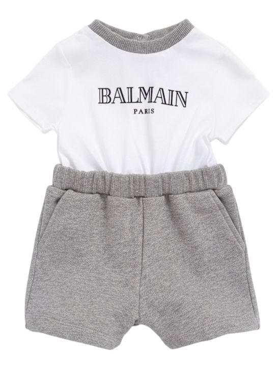 Balmain: Printed cotton jersey romper - White/Grey - kids-boys_0 | Luisa Via Roma