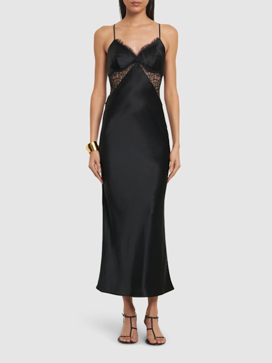 Fleur Du Mal: Silk & lace plunge neck slip dress - Black - women_1 | Luisa Via Roma