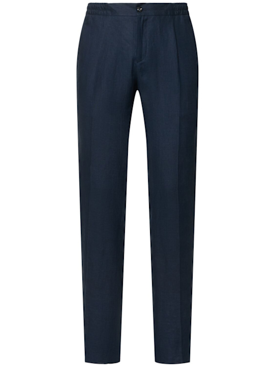 Kiton: Pleated linen pants - Blue - men_0 | Luisa Via Roma