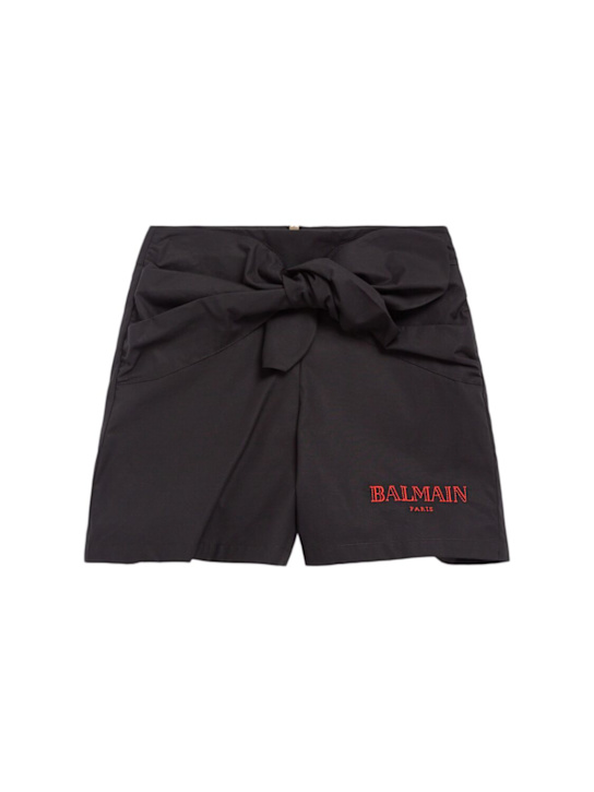 Balmain: Shorts in popeline di cotone con nodo - Nero - kids-girls_0 | Luisa Via Roma