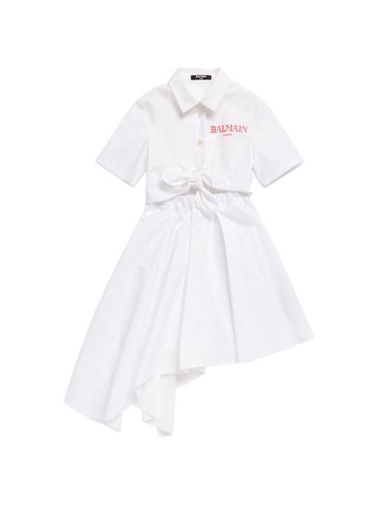 Balmain: Vestito in popeline di cotone con logo - Bianco - kids-girls_0 | Luisa Via Roma